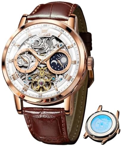 Men’s Automatic Skeleton Tourbillon Watch with Moon Phase & Leather Strap