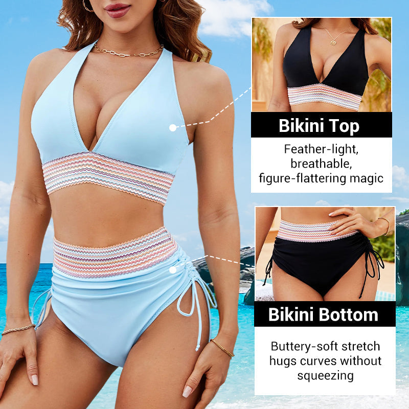 🔥Universal fitting💃High Waisted Tummy Control Color Block Bikini (2 Sets)
