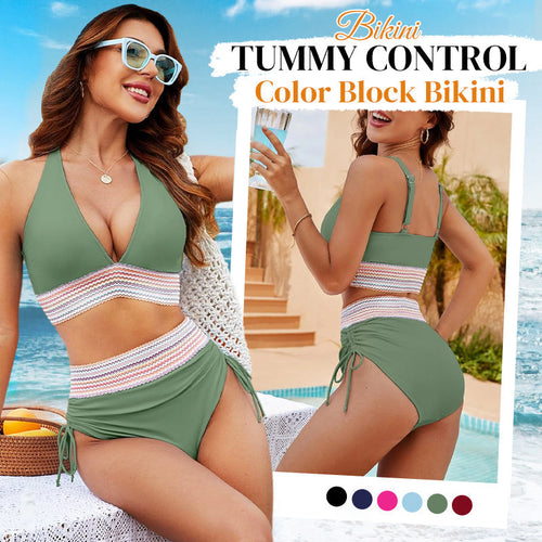 🔥Universal fitting💃High Waisted Tummy Control Color Block Bikini (2 Sets)