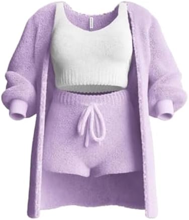 Women's Knit Set 3-Piece, Warm Fuzzy 3 Piece Outfit Pajamas, Crop Tops +Shorts Nightwear Set for Women|B0CJDXQQCW