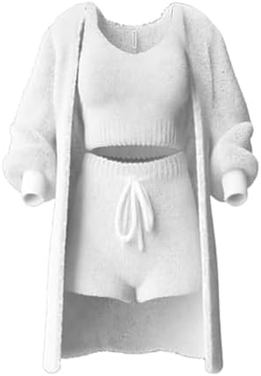 Women's Knit Set 3-Piece, Warm Fuzzy 3 Piece Outfit Pajamas, Crop Tops +Shorts Nightwear Set for Women|B0CJDXQQCW