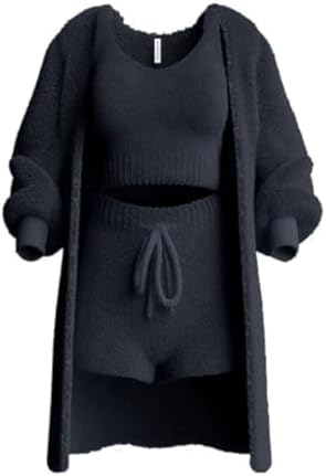 Women's Knit Set 3-Piece, Warm Fuzzy 3 Piece Outfit Pajamas, Crop Tops +Shorts Nightwear Set for Women|B0CJDXQQCW
