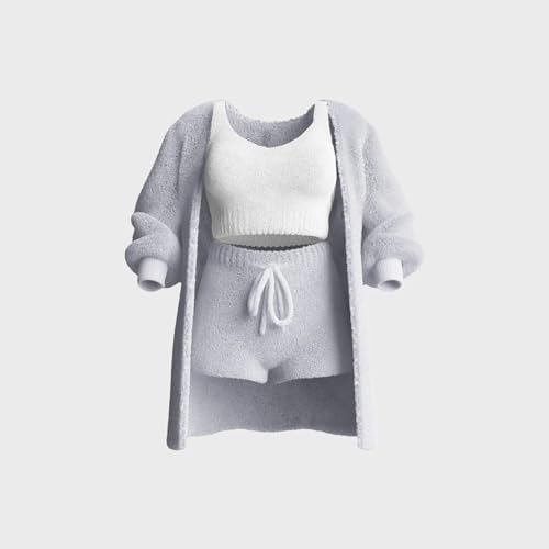 Women's Knit Set 3-Piece, Warm Fuzzy 3 Piece Outfit Pajamas, Crop Tops +Shorts Nightwear Set for Women|B0CJDXQQCW