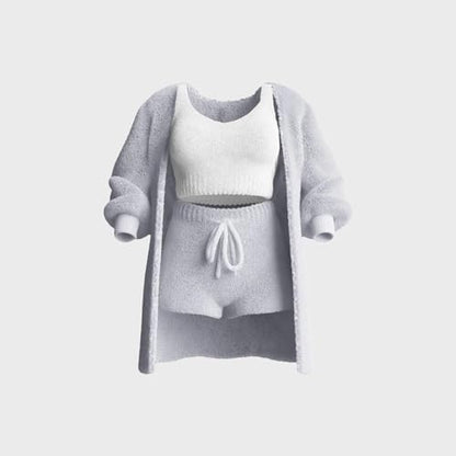 Women's Knit Set 3-Piece, Warm Fuzzy 3 Piece Outfit Pajamas, Crop Tops +Shorts Nightwear Set for Women|B0CJDXQQCW