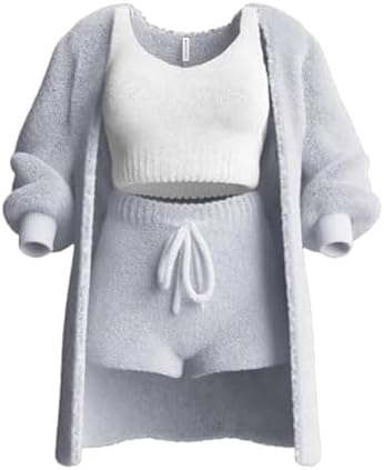 Women's Knit Set 3-Piece, Warm Fuzzy 3 Piece Outfit Pajamas, Crop Tops +Shorts Nightwear Set for Women|B0CJDXQQCW