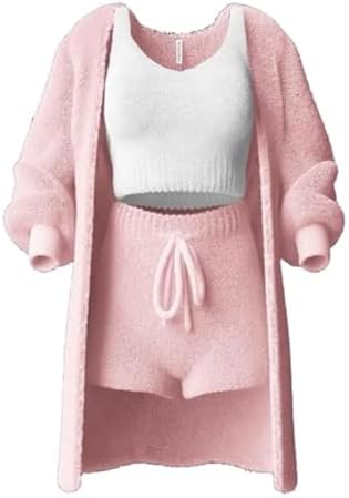 Women's Knit Set 3-Piece, Warm Fuzzy 3 Piece Outfit Pajamas, Crop Tops +Shorts Nightwear Set for Women|B0CJDXQQCW