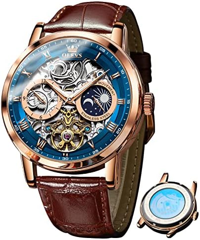 Men’s Automatic Skeleton Tourbillon Watch with Moon Phase & Leather Strap