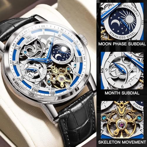 Men’s Automatic Skeleton Tourbillon Watch with Moon Phase & Leather Strap