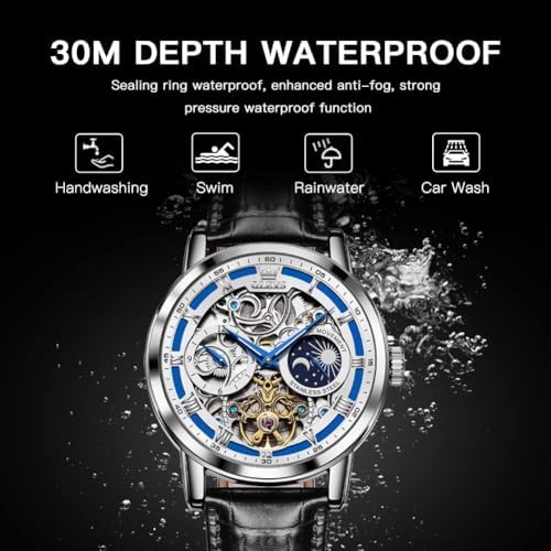 Men’s Automatic Skeleton Tourbillon Watch with Moon Phase & Leather Strap