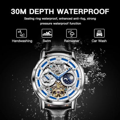 Men’s Automatic Skeleton Tourbillon Watch with Moon Phase & Leather Strap