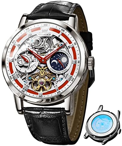 Men’s Automatic Skeleton Tourbillon Watch with Moon Phase & Leather Strap