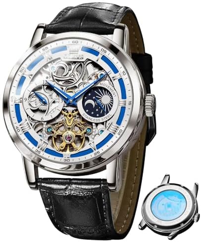 Men’s Automatic Skeleton Tourbillon Watch with Moon Phase & Leather Strap