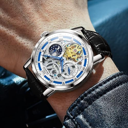 Men’s Automatic Skeleton Tourbillon Watch with Moon Phase & Leather Strap