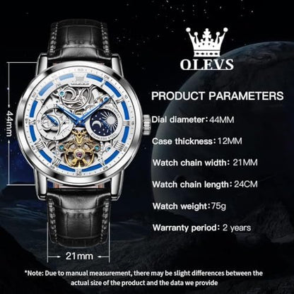 Men’s Automatic Skeleton Tourbillon Watch with Moon Phase & Leather Strap