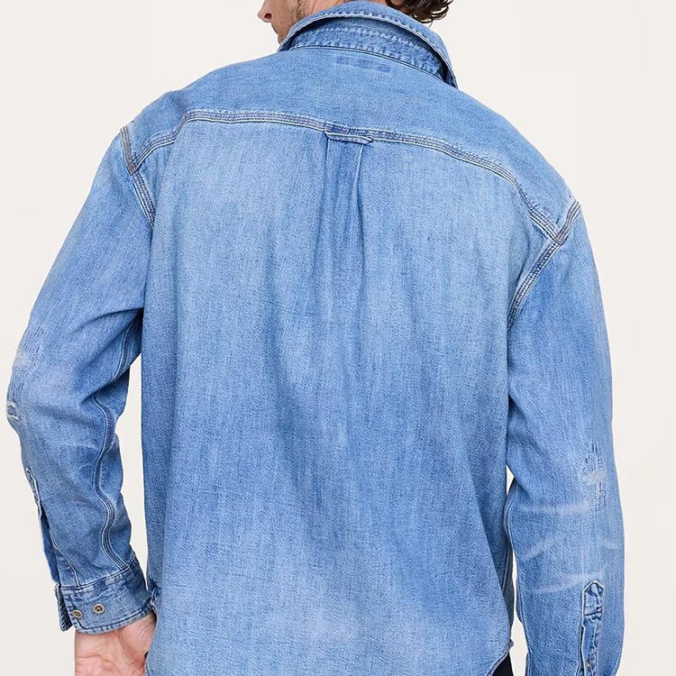 Eco-Friendly Lycra Blend Turn-Down Collar Full Sleeve Embroidered Denim Shirt with Front Pocket Regular Fit Formal Casual Style