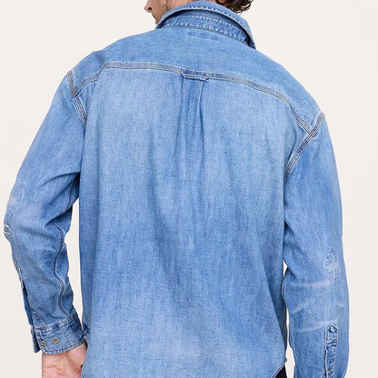 Eco-Friendly Lycra Blend Turn-Down Collar Full Sleeve Embroidered Denim Shirt with Front Pocket Regular Fit Formal Casual Style