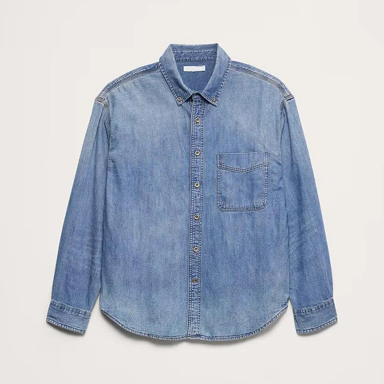 Eco-Friendly Lycra Blend Turn-Down Collar Full Sleeve Embroidered Denim Shirt with Front Pocket Regular Fit Formal Casual Style