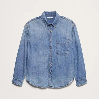 Eco-Friendly Lycra Blend Turn-Down Collar Full Sleeve Embroidered Denim Shirt with Front Pocket Regular Fit Formal Casual Style