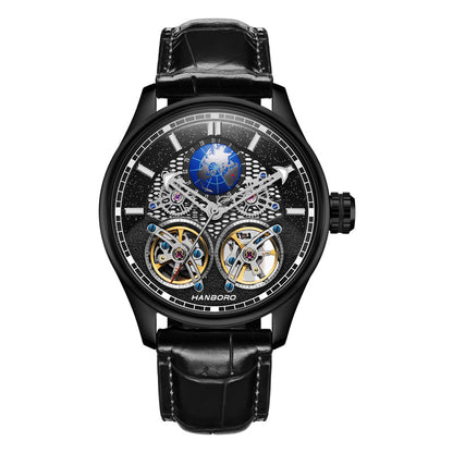 Hanboro luxury skeleton chronograph watch with dual tourbillons and black leather strap.