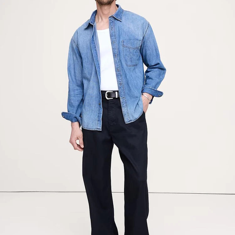 Eco-Friendly Lycra Blend Turn-Down Collar Full Sleeve Embroidered Denim Shirt with Front Pocket Regular Fit Formal Casual Style