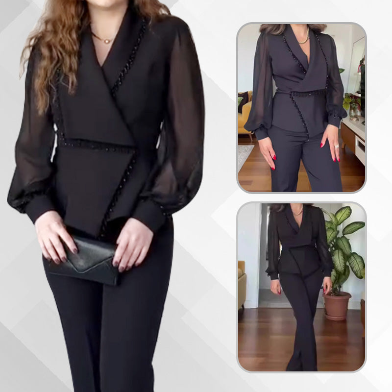 💕Spring New💕 Women's Mesh Beaded Top & Wide-Leg Pants Set