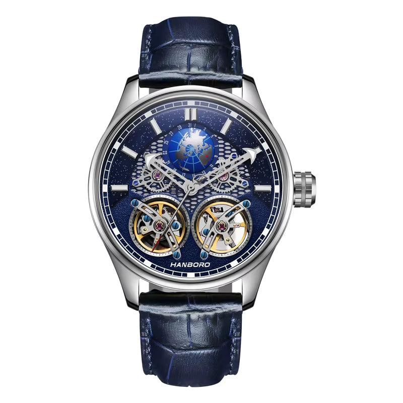 Hanboro luxury watch with blue starry dial, globe tourbillon, and navy leather strap