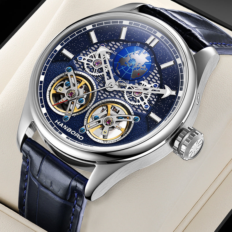 Luxury blue dial skeleton chronograph watch with world map and gold-tone mechanical details.