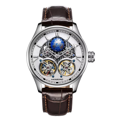 Hanboro skeleton chronograph luxury watch with blue tourbillon and brown leather strap