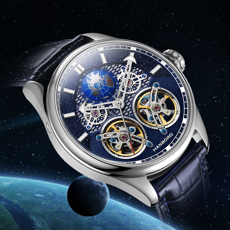 Luxury skeleton watch with blue globe dial and exposed gears against a space background
