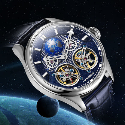 Luxury skeleton watch with blue globe dial and exposed gears against a space background
