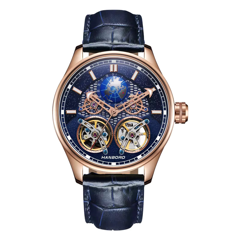 Hanboro luxury skeleton chronograph watch with rose gold case and blue leather strap.