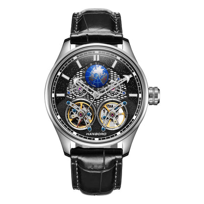 Hanboro skeleton luxury watch with blue tourbillon and black leather strap