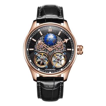 Hanboro luxury skeleton chronograph watch with rose gold case and black leather strap