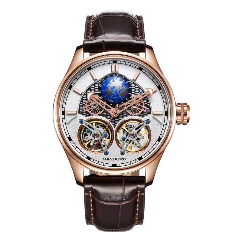 Luxury rose gold HANBORO watch with open heart tourbillon and blue globe complication.